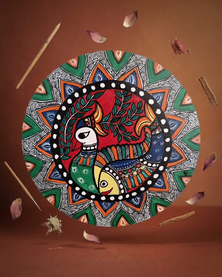 Handmade Peacock Madhubani Painting Wall Art on MDF Board | Traditional Mithila Art Decor