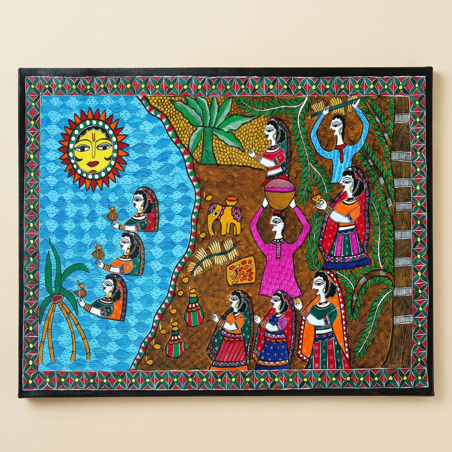 Hand-Painted Chhath Puja Madhubani Wall Art Decor