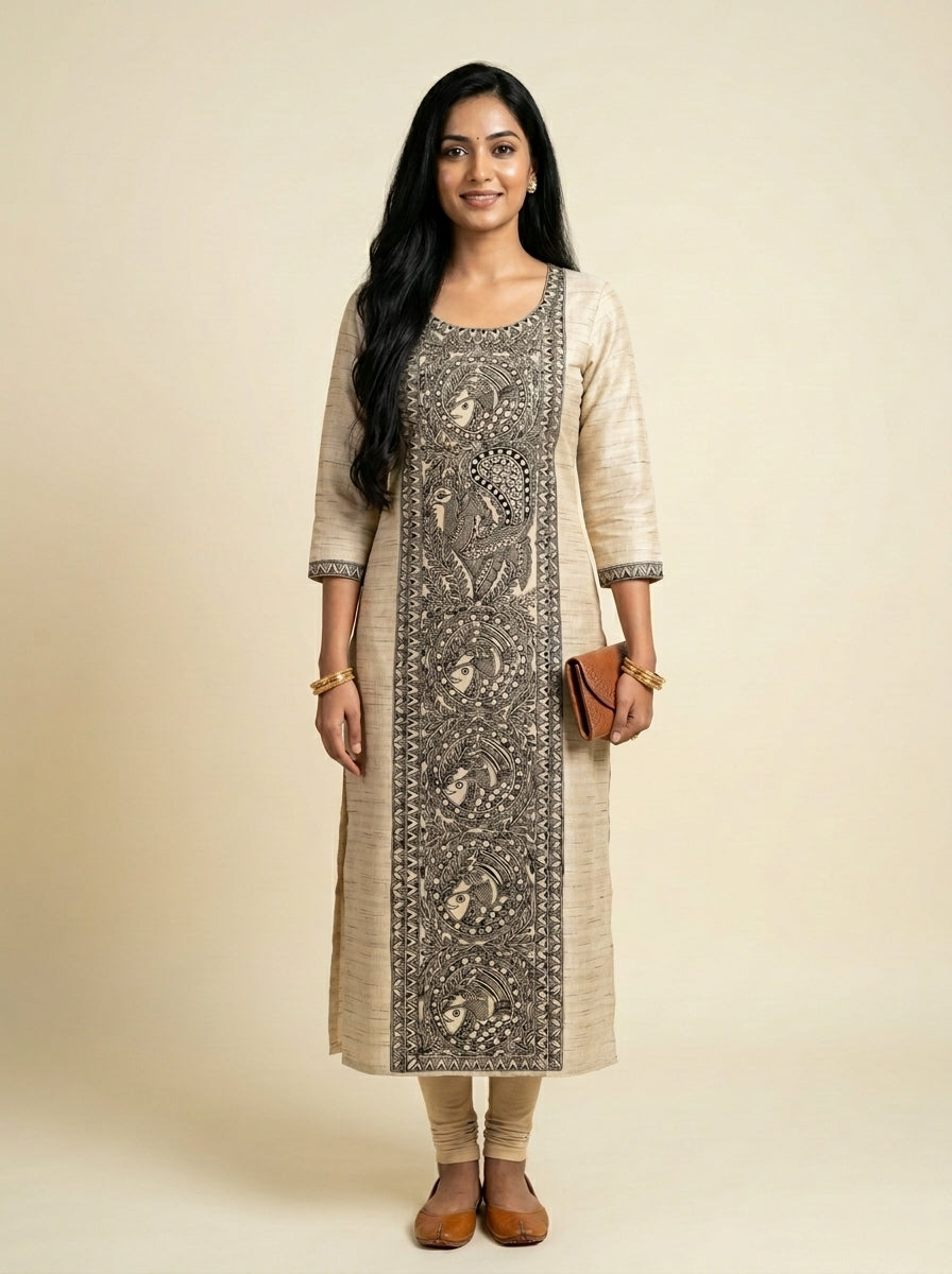 Hand-Painted Madhubani Unstitched Kurti for Women