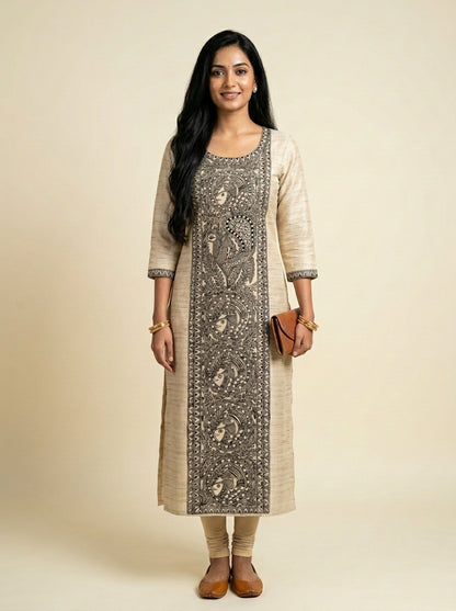 Hand-Painted Madhubani Unstitched Kurti for Women