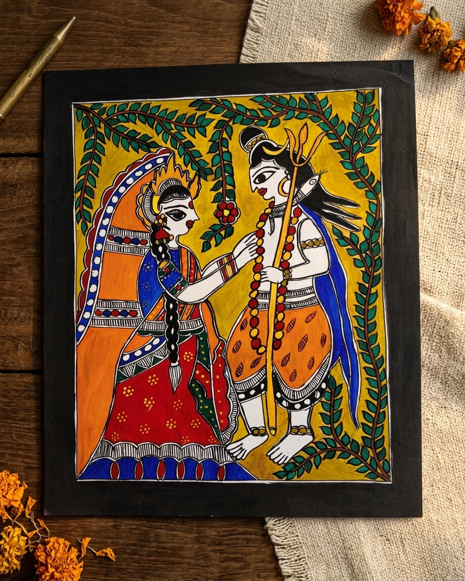 Shiv Parvati Madhubani Painting Handmade Paper Wall Art Without Frame