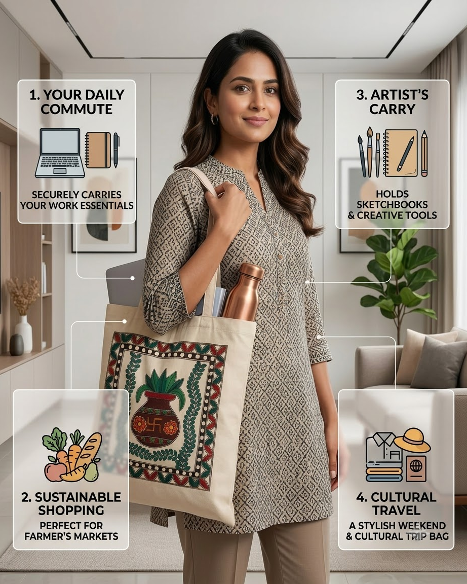 Madhubani Painting Tote Bag | Handmade Ethnic Art