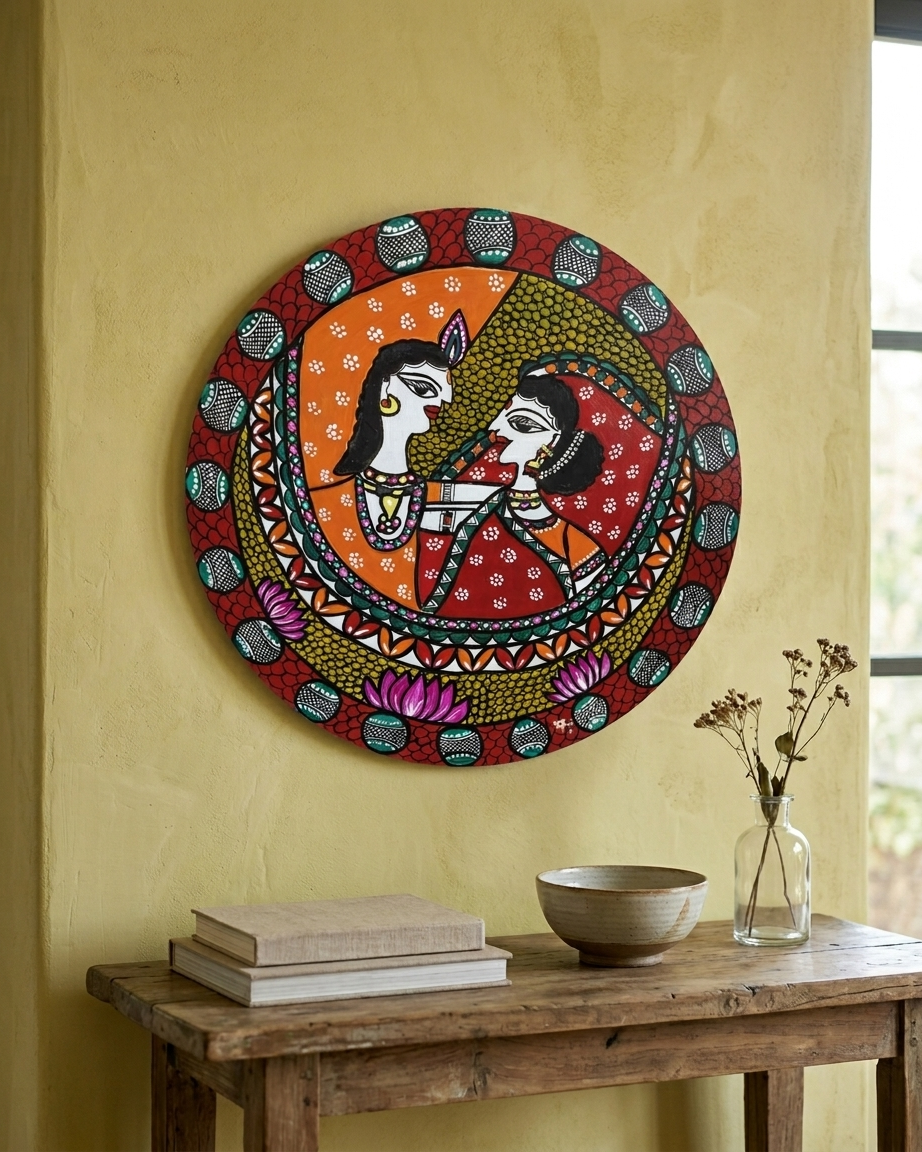 Krishna and Radha Madhubani Wall Art on MDF Board – Handmade Mithila Painting for Home Décor