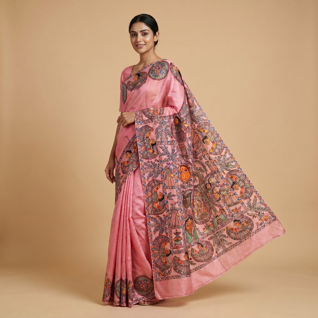 Baby Pink Handmade Madhubani Painting Saree with Blouse