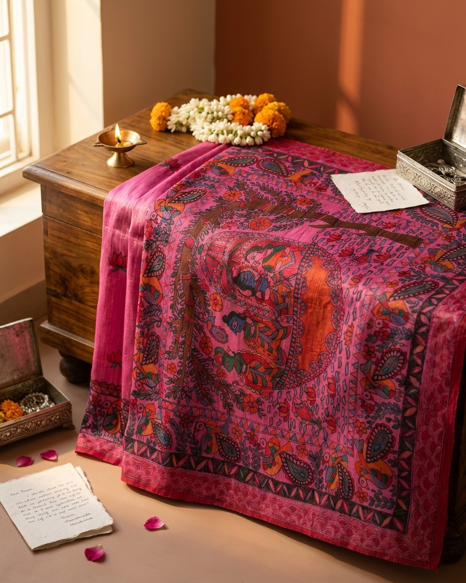 Handmade Madhubani Painting Saree with Blouse | Ethnic Saree