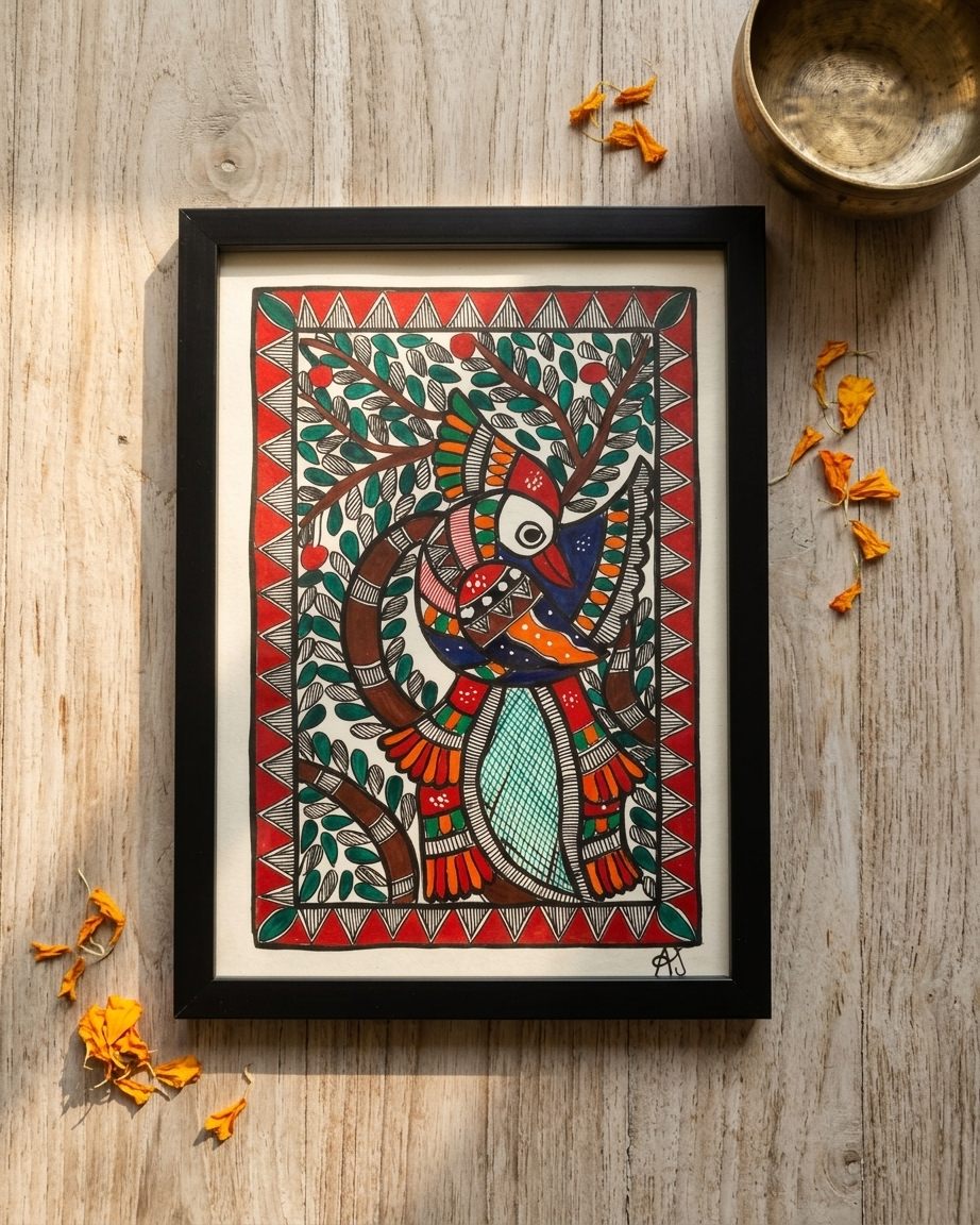 Peacock Madhubani Painting Framed A4 –Wall Art Decor