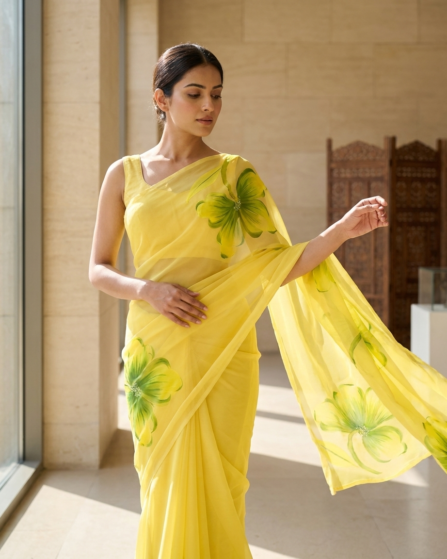Lemon Yellow Floral Handmade Madhubani Painting Saree with Blouse – Handcrafted Mithila Art