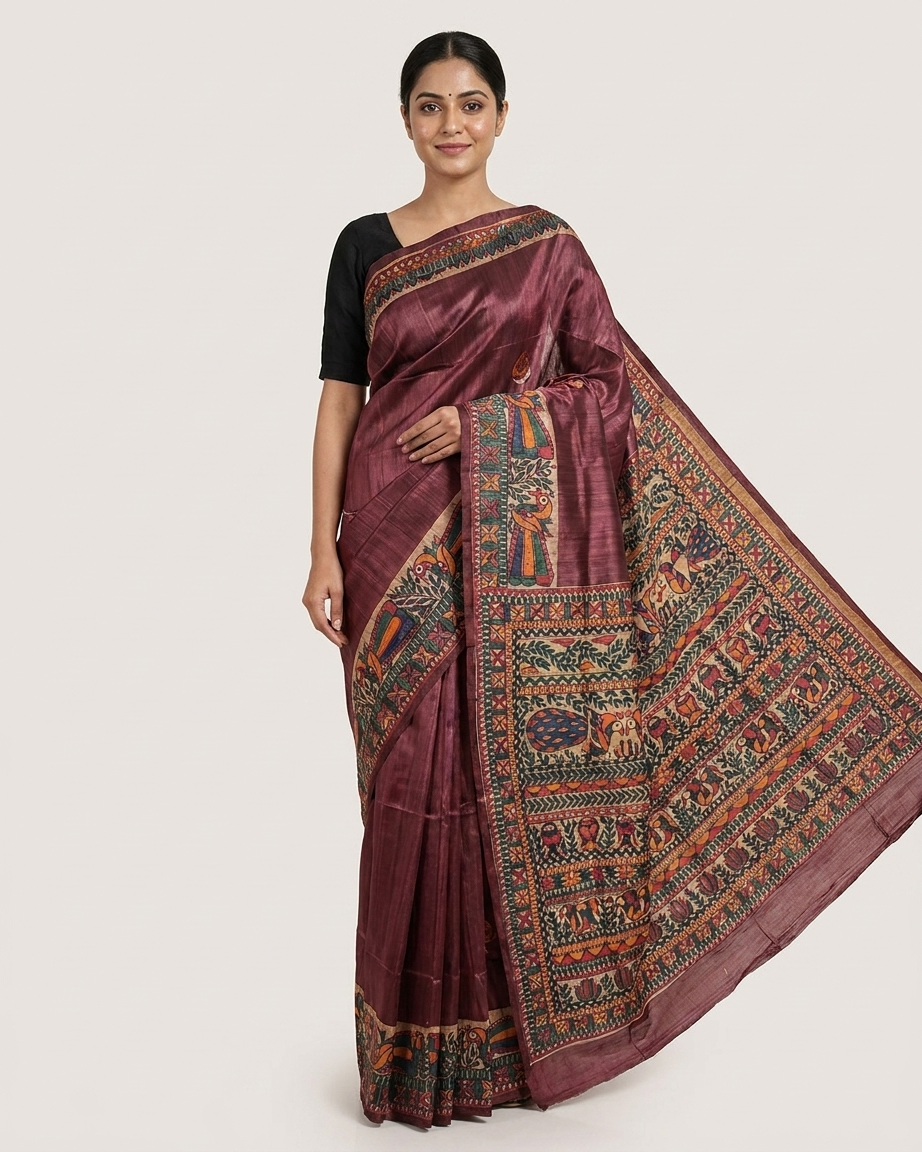 Handmade Madhubani Painting Silk Saree with Blouse | Ethnic Saree for Women