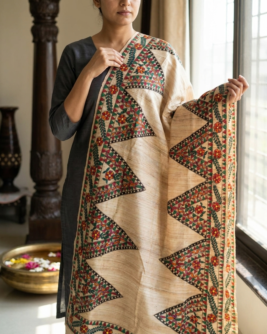 Handmade Madhubani Painting Dupatta – Authentic Ethnic Designer Dupatta for Women