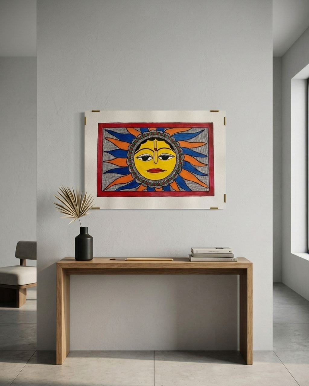 Sun Madhubani Painting on Handmade Paper (14x22 Inch) – Traditional Mithila Folk Art Wall Decor