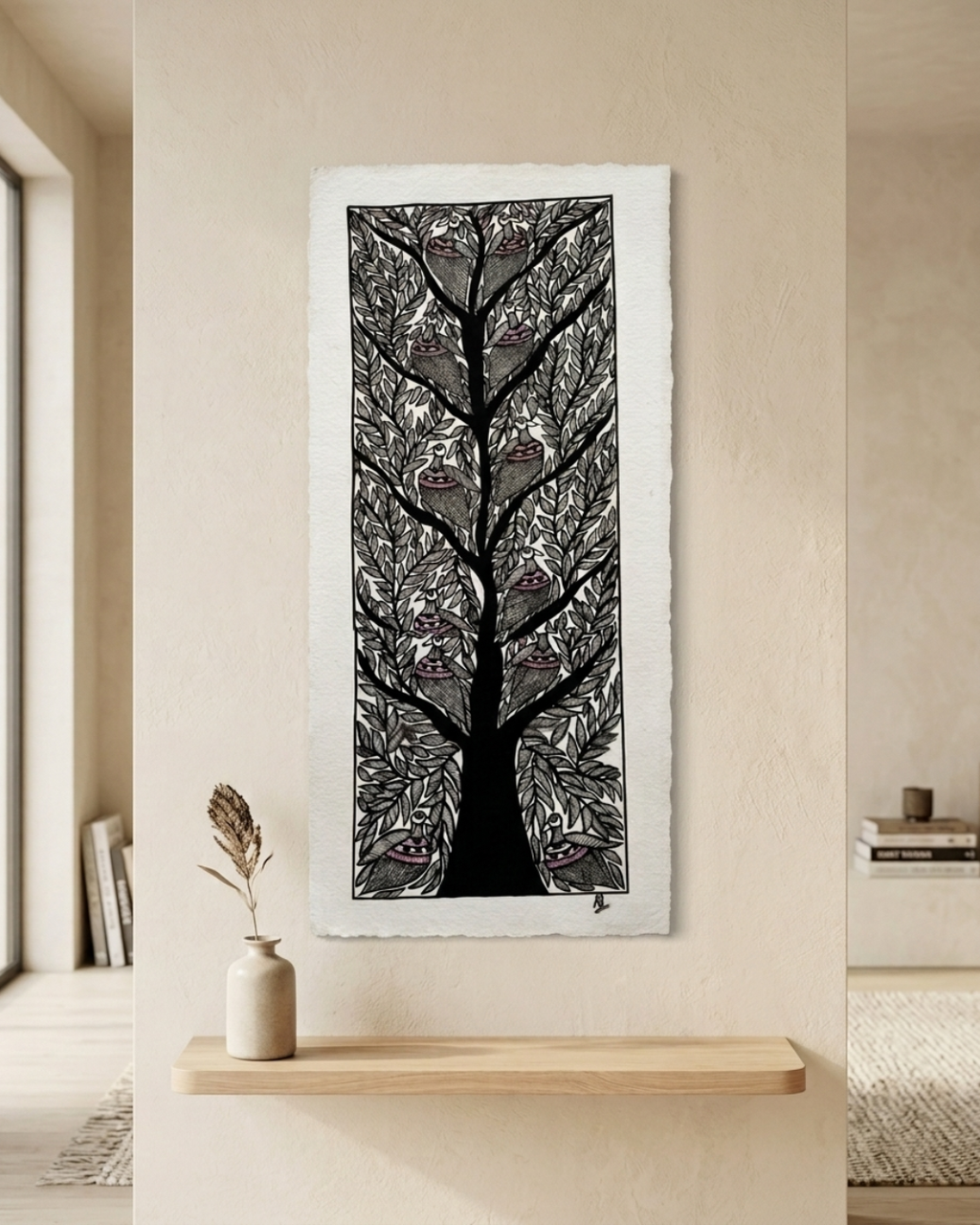 Black & White Tree of Life Madhubani Painting | Handmade Art