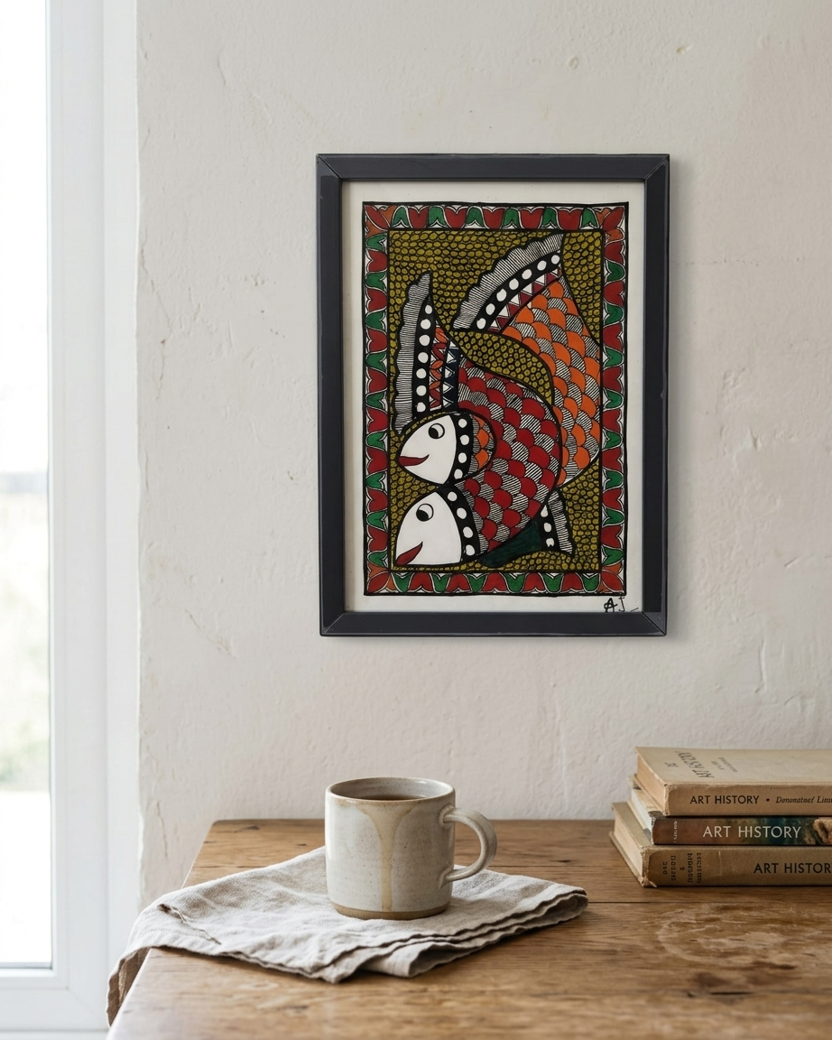 Fish Madhubani Painting Framed A4 –  Wall Art Decor