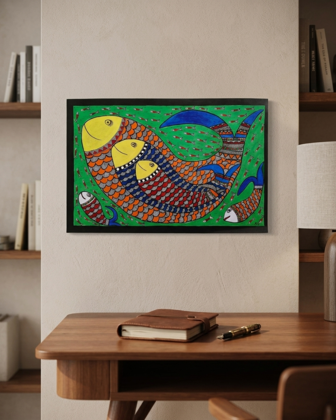 Fish Madhubani Painting on Handmade Paper (14x22 Inch) – Traditional Mithila Folk Art Wall Decor