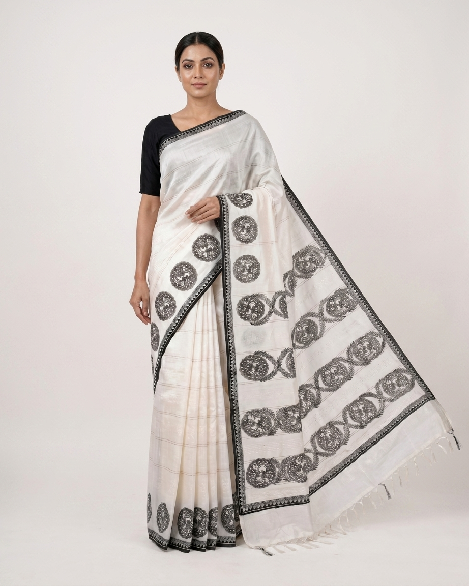 Handmade Madhubani Painting  Saree with Blouse Piece – Traditional Mithila Art Saree for Women