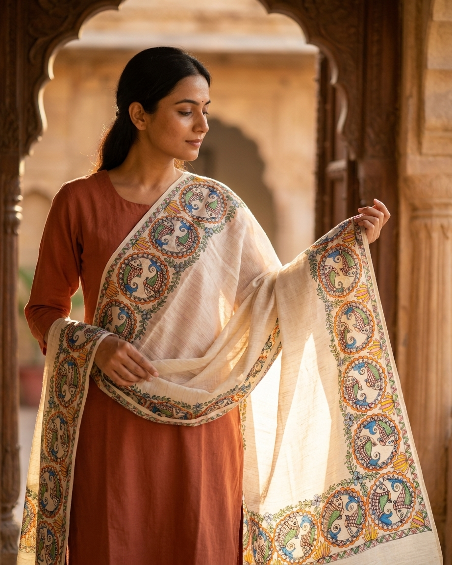 Handmade Madhubani Painting  Dupatta for Women – Ethnic Handcrafted