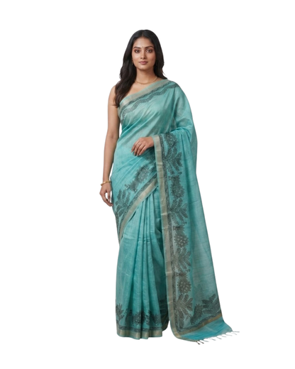 Turquoise Blue Handmade Madhubani Painting Saree