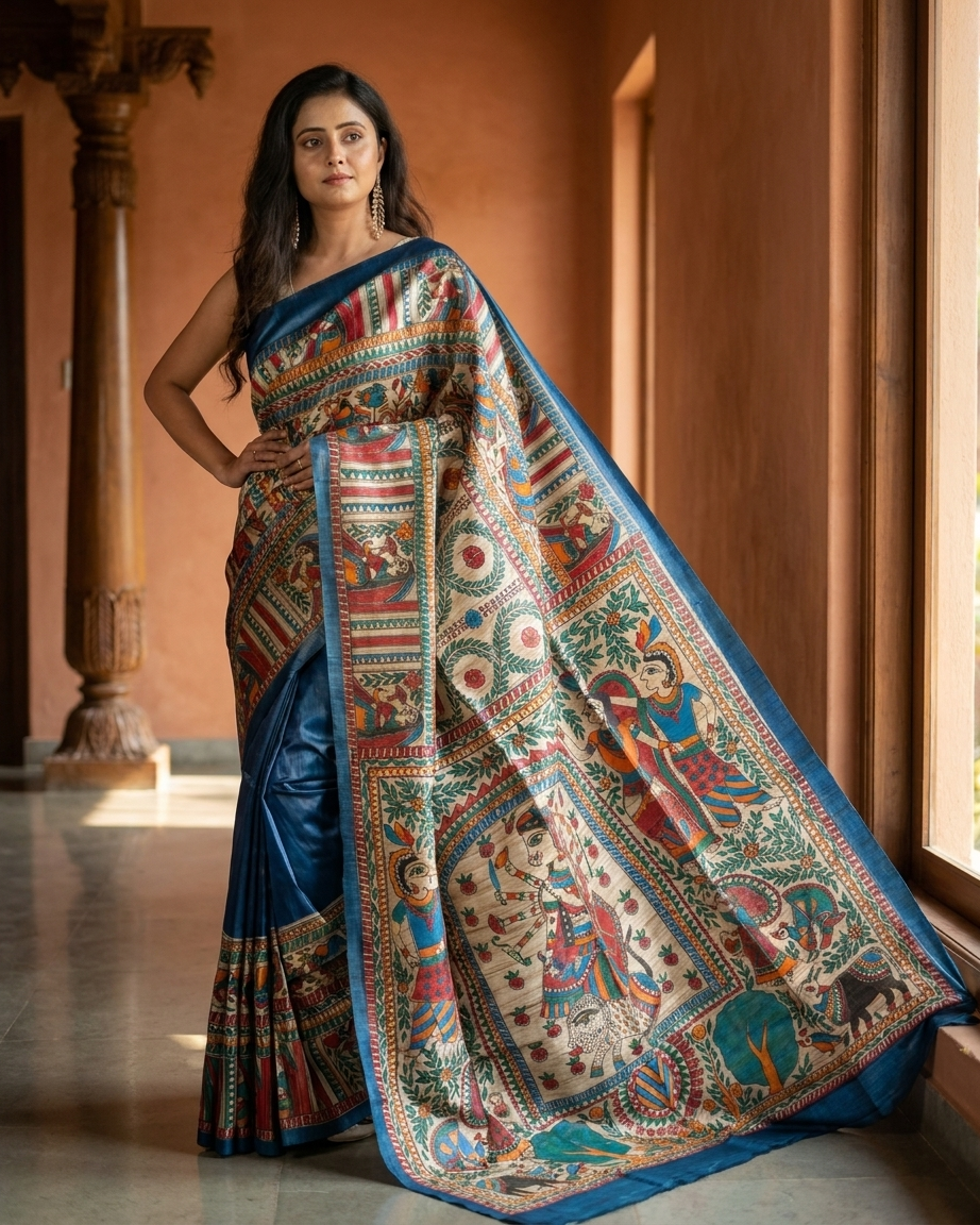 Blue Handmade Madhubani Painting  Saree with Blouse