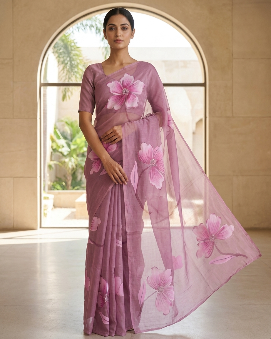 Dusty Pink Floral Handmade Madhubani Painting Pure Saree with Blouse – Handcrafted Mithila Art