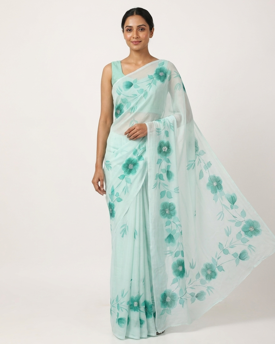 Mint Green Floral Handmade Madhubani Painting Saree with Blouse