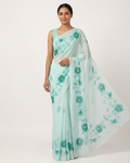 Mint Green Floral Handmade Madhubani Painting Saree with Blouse