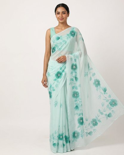 Mint Green Floral Madhubani Saree with Blouse