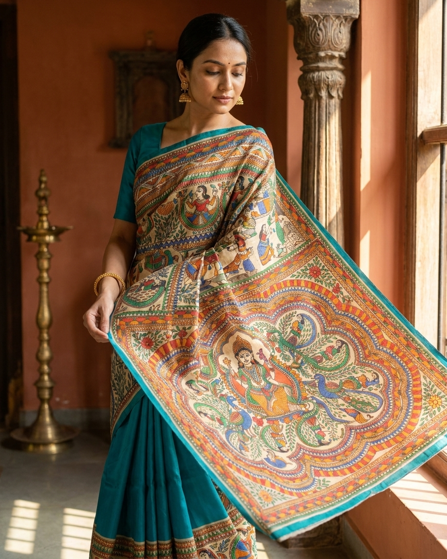 Bright Blue Handmade Madhubani Painting  Saree with Blouse
