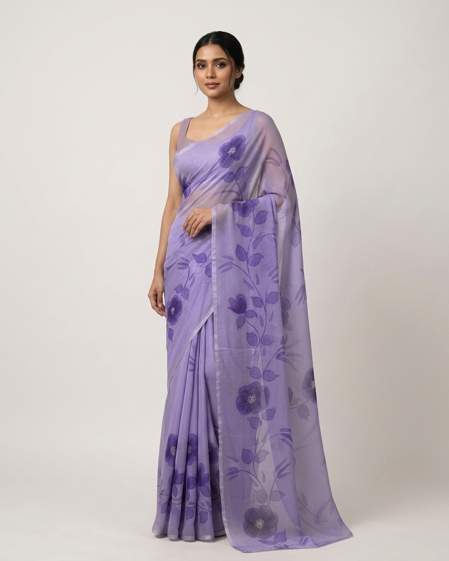 Lavender Floral Handmade Madhubani Painting Saree with Blouse – Handcrafted Mithila Art
