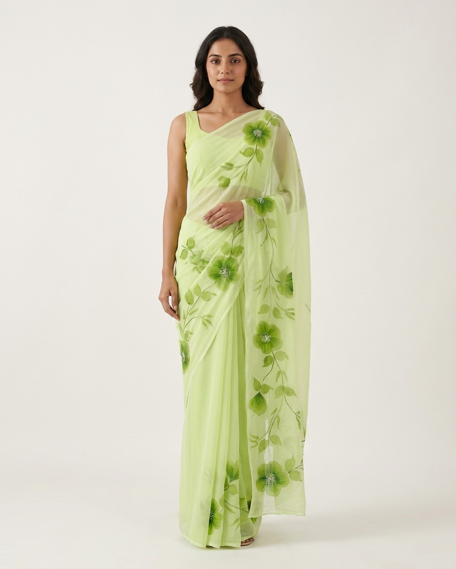Pista Green Floral Handmade Madhubani Painting Saree with Blouse