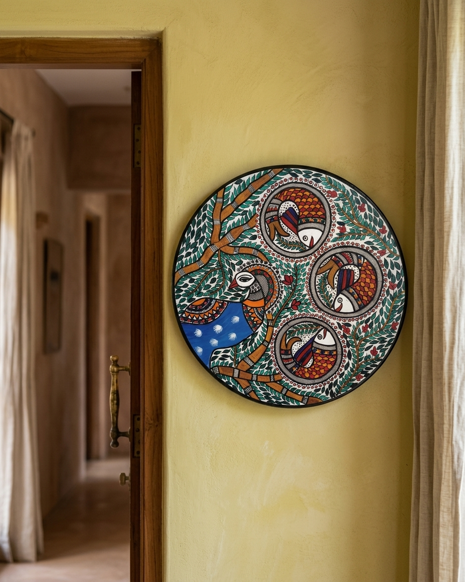 Peacock and Fish Madhubani Wall Art on MDF Board – Handmade Mithila Painting for Home Decor