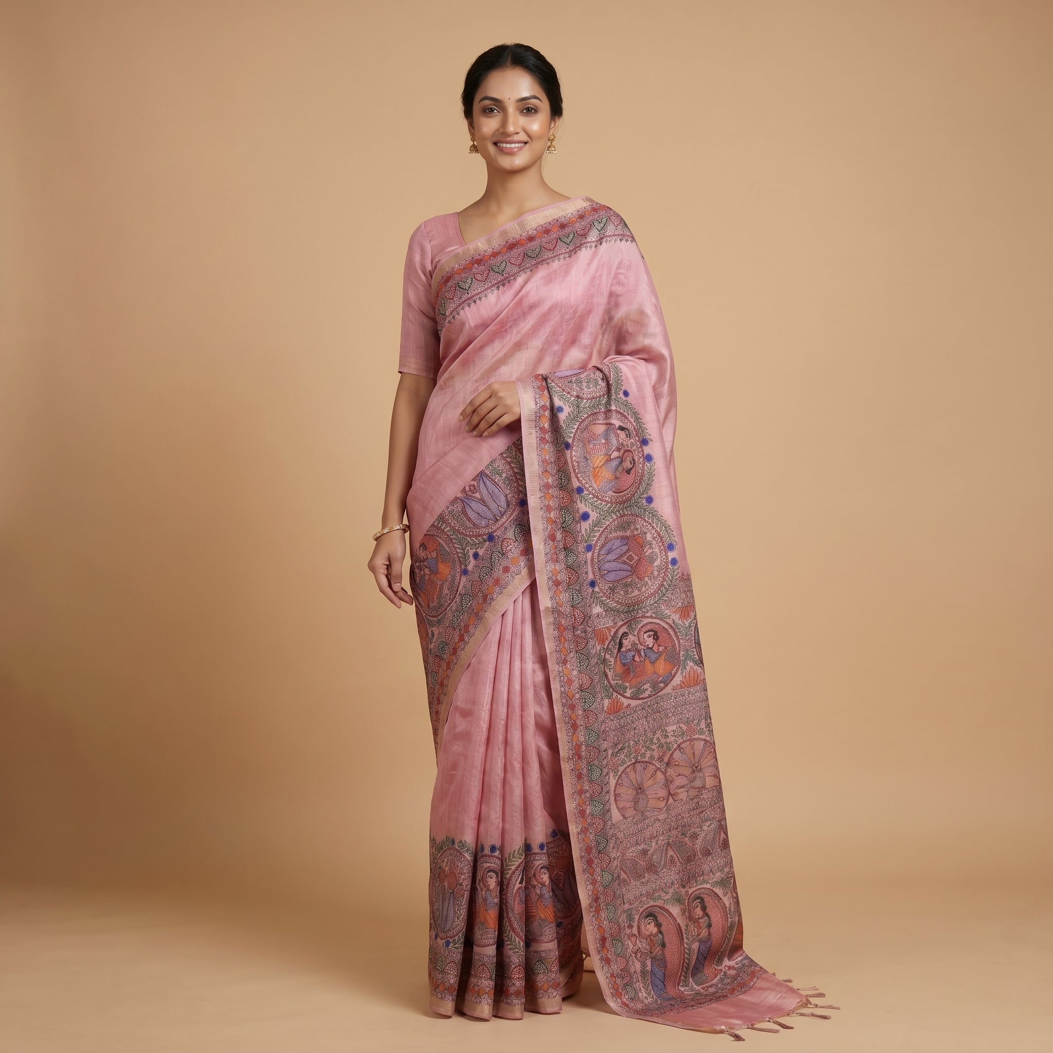 Baby Pink Handmade Madhubani Painting Saree with Blouse