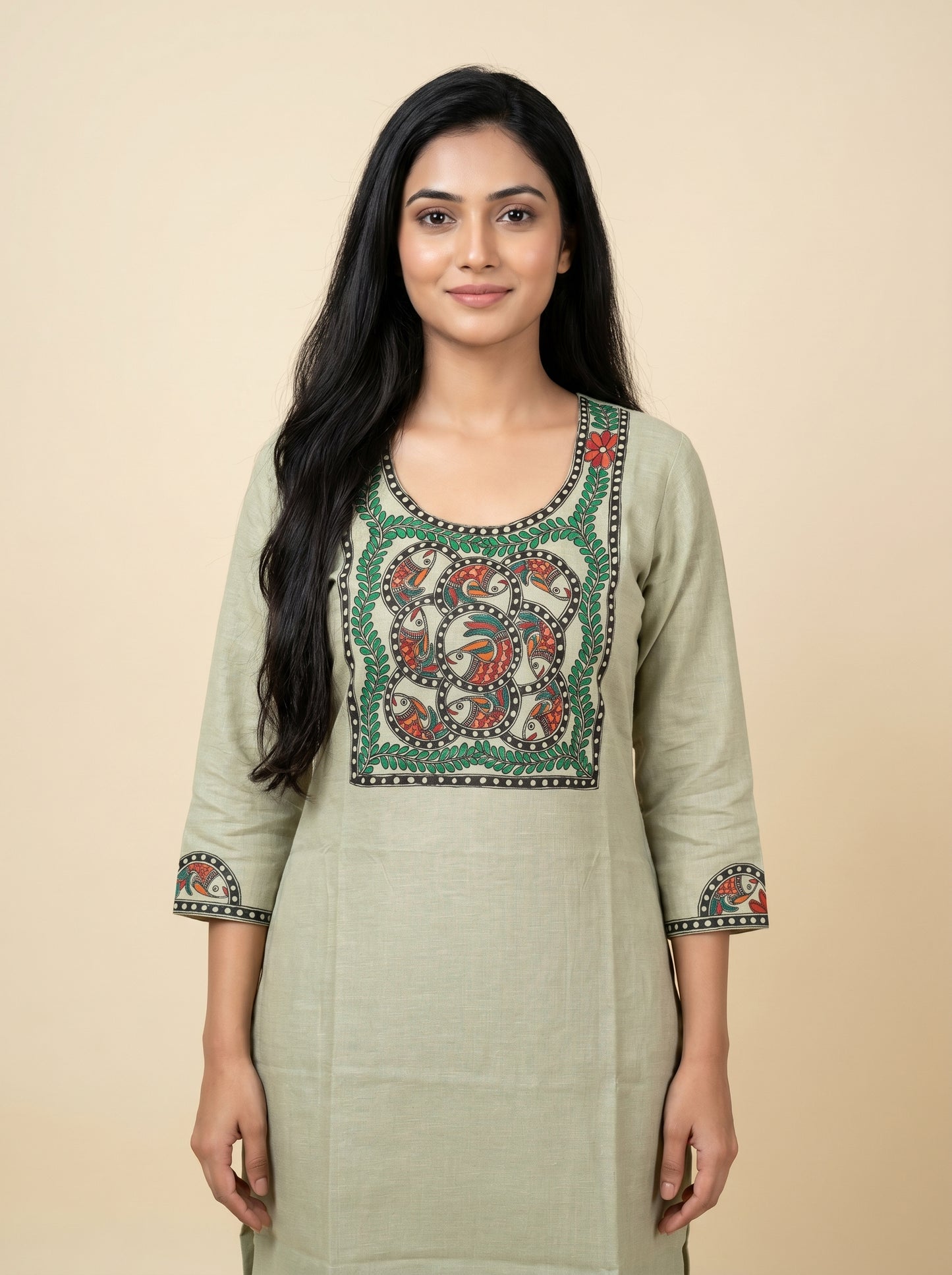 Hand-Painted Madhubani Unstitched Kurti for Women