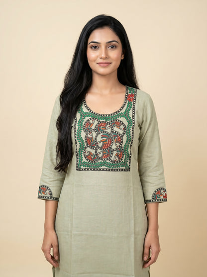 Hand-Painted Madhubani Unstitched Kurti for Women