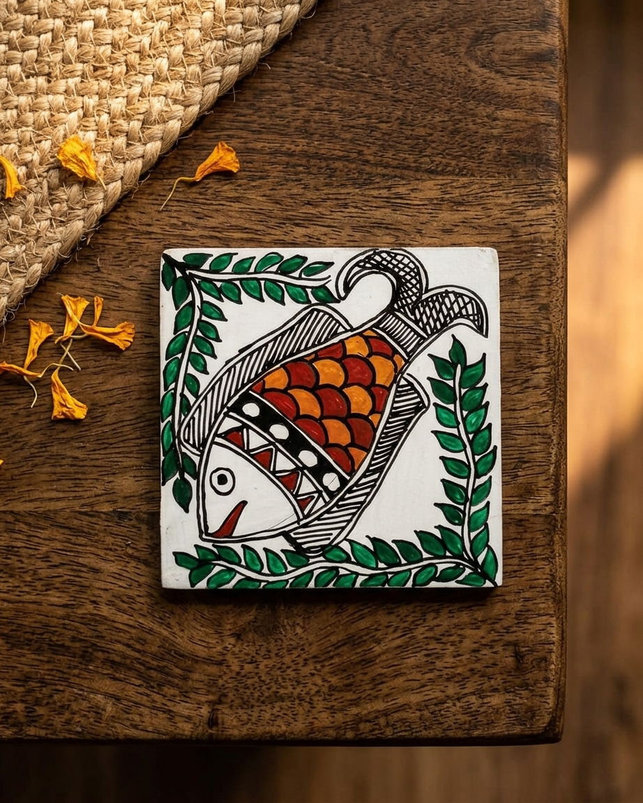 Handmade Fish Design Madhubani Coaster Set with Stand – MDF Board Decorative Tea Coasters (Set of 6)
