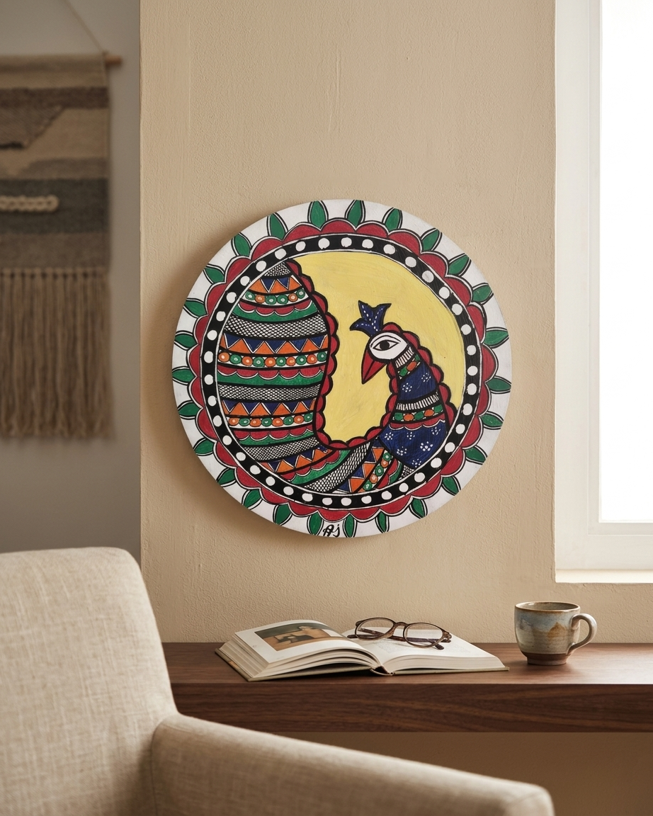 Peacock Madhubani Painting Wall Art – Handmade Indian Folk Art Decor