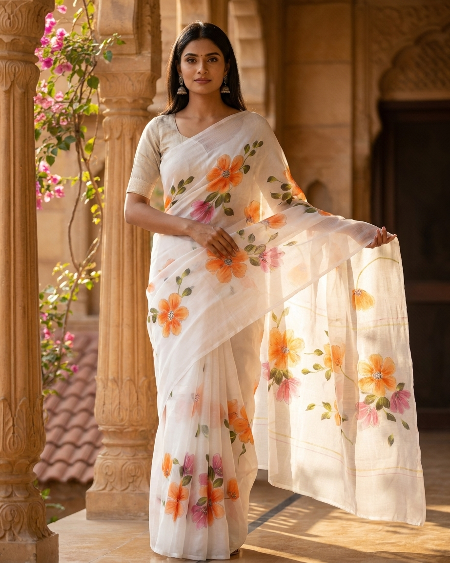 Floral Handmade Madhubani Painting Saree with Blouse  | Hand-Painted Mithila Art Saree for Women