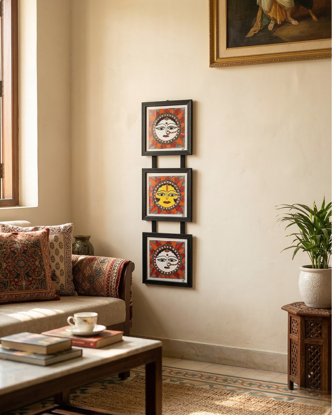 Sun Madhubani Triple Frame Wall Hanging – Handmade Mithila Art Decor