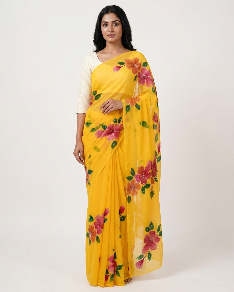 Bright Yellow Floral Handmade Madhubani Painting Saree with Blouse