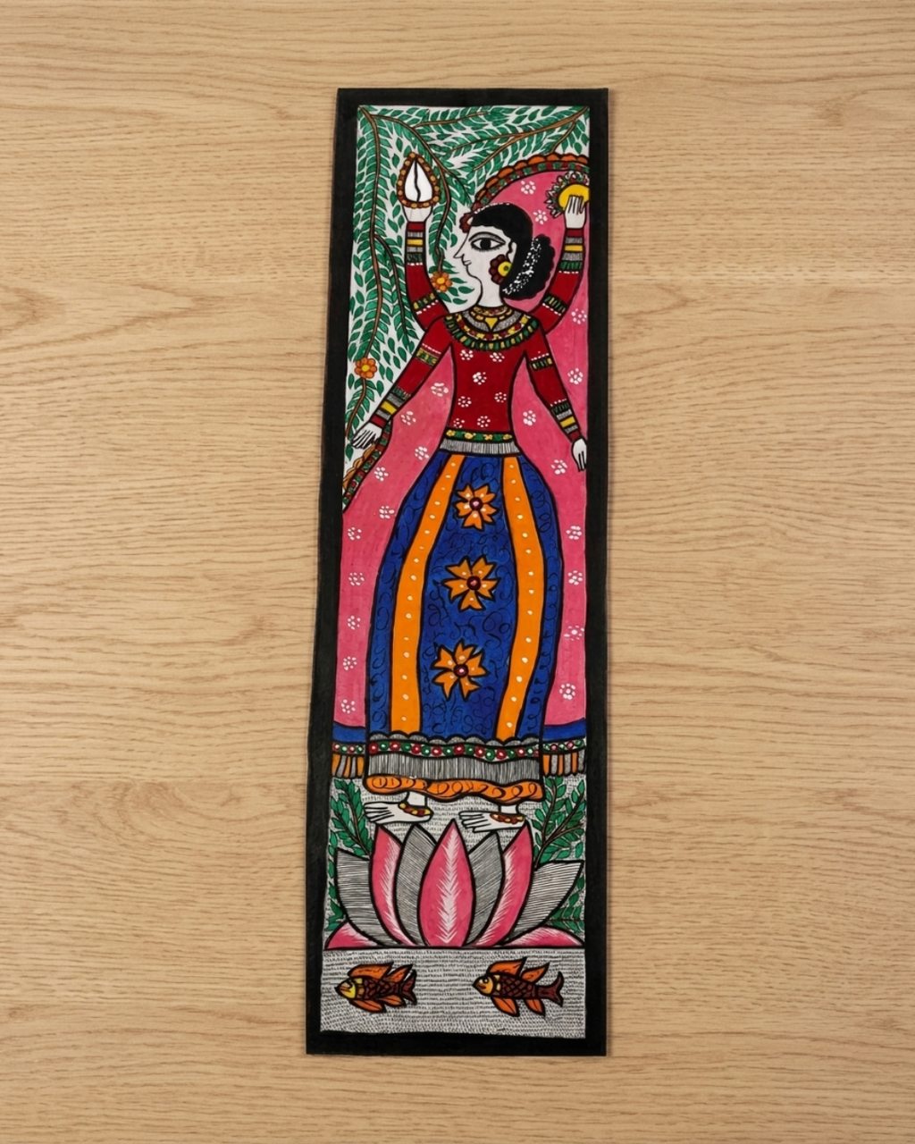 Mata Laxmi Madhubani Painting on Handmade Paper (10x30 Inch) – Traditional Mithila Folk Art Wall Decor