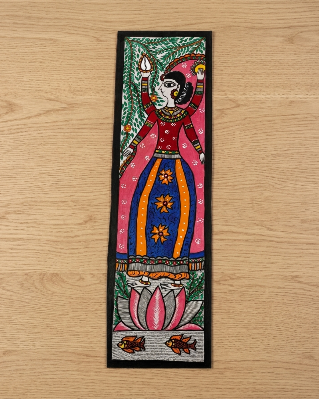 Mata Laxmi Madhubani Painting on Handmade Paper (10x30 Inch) – Traditional Mithila Folk Art Wall Decor