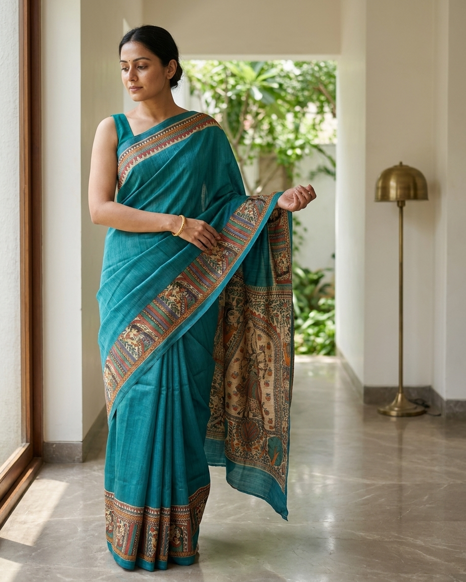 Traditional Bright Blue Handmade Madhubani Painting Saree with Blouse