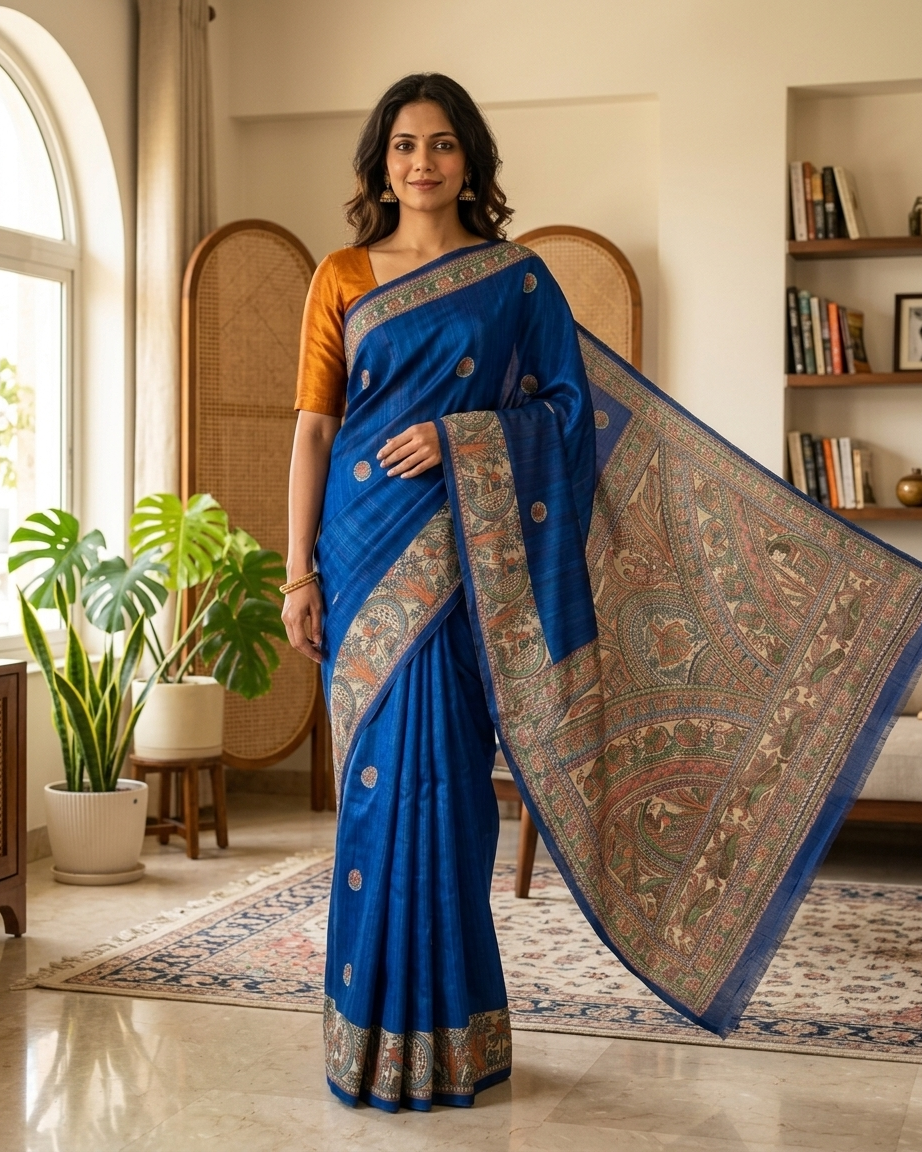 Blue Handmade Madhubani Painting  Saree with Blouse