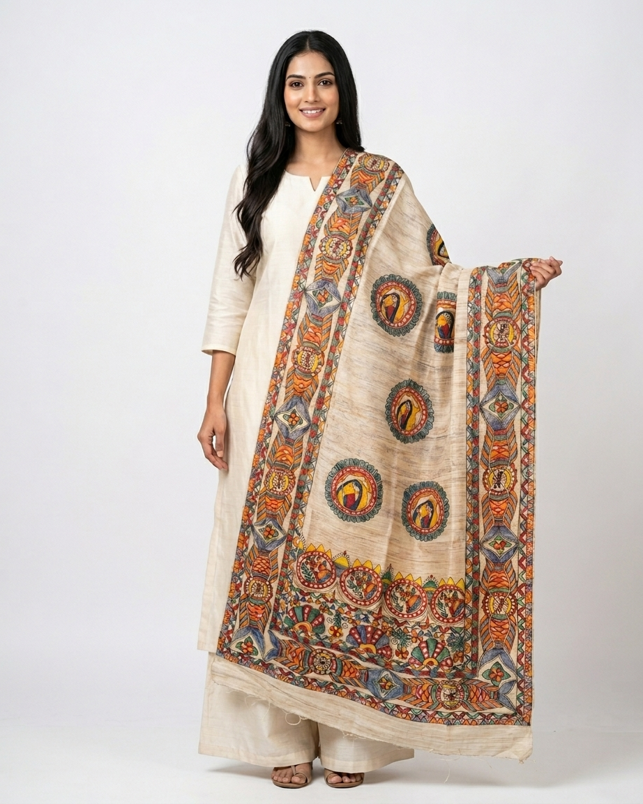 Handmade Madhubani Painting Dupatta | Ethnic Handcrafted Traditional