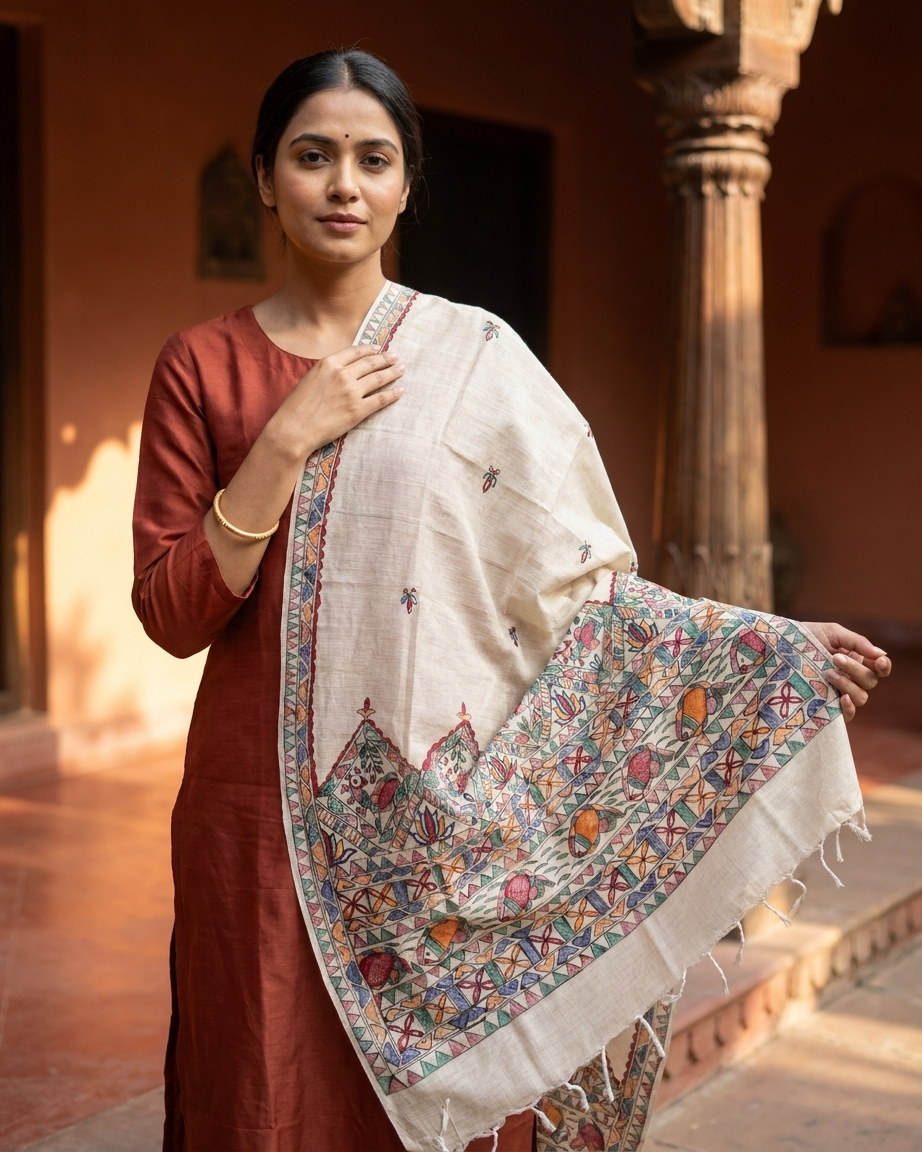 Handmade Madhubani Painting Dupatta for Women | Traditional Ethnic