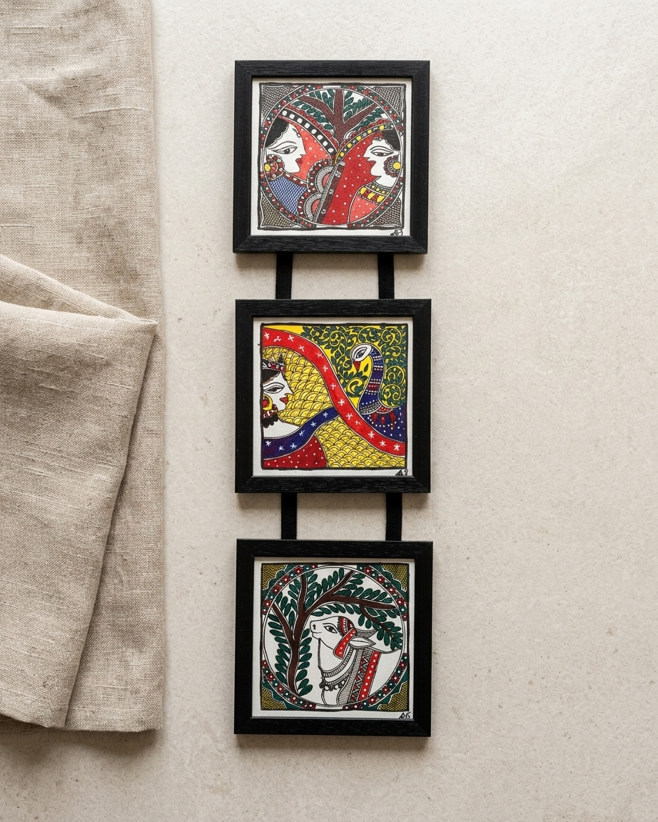 Handmade Krishna & Radha Madhubani Painting Triple Frame Wall Hanging – Traditional Mithila Art Decor