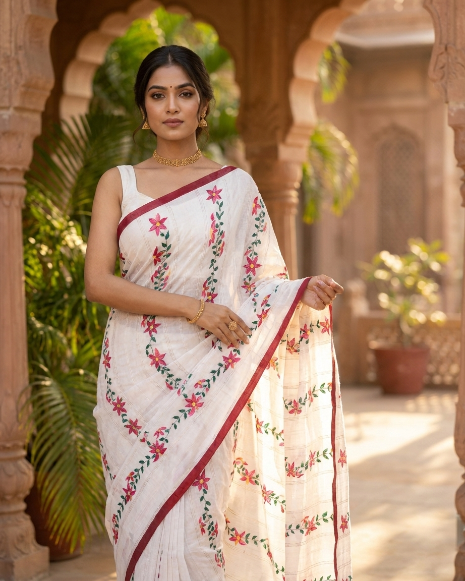 Red & White Floral Handmade Madhubani Painting Saree with Blouse