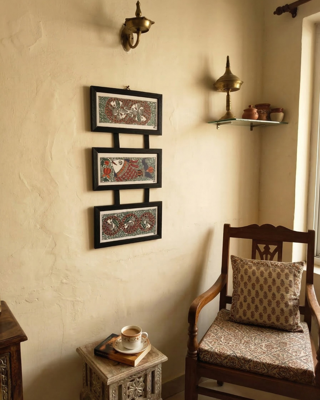 Fish Raas Madhubani Triple Frame Wall Hanging – Handmade Decor