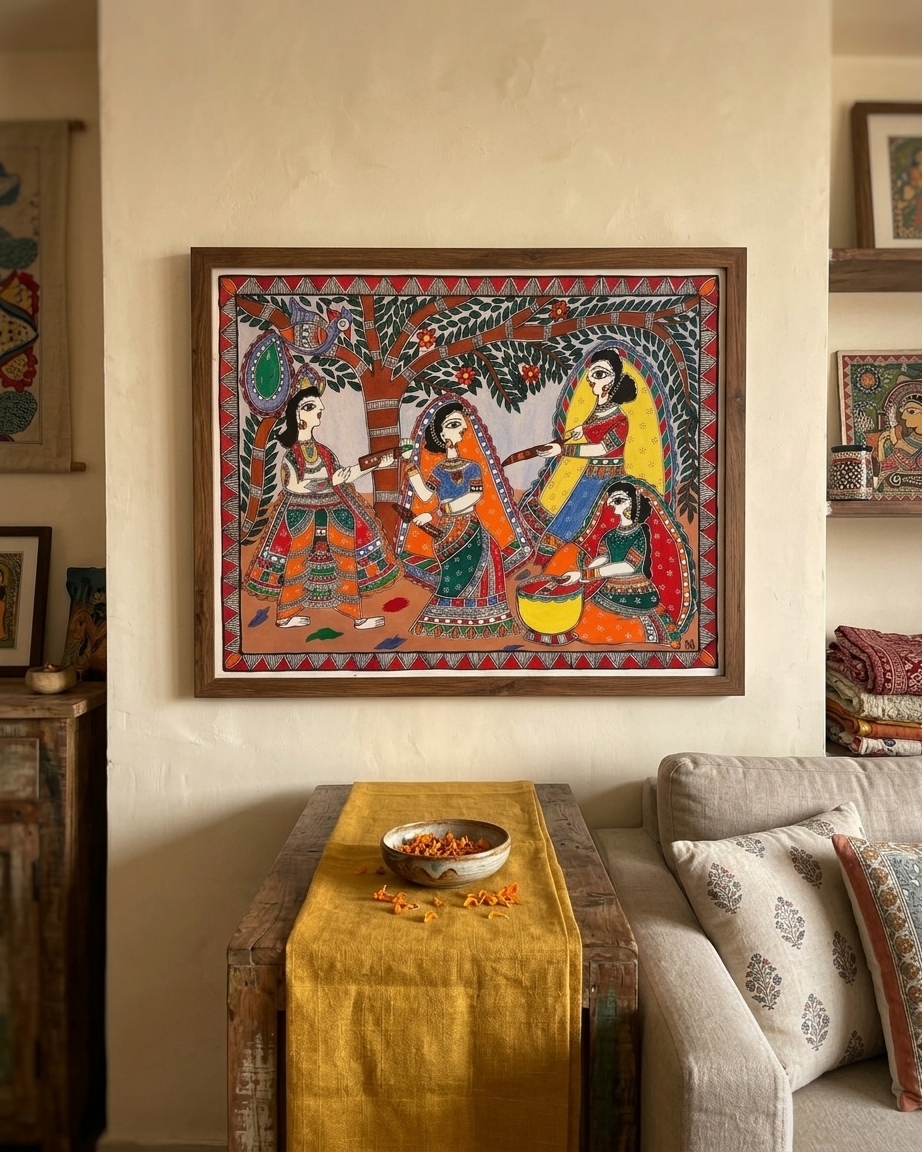 Krishna & Radha Holi Festival Madhubani Painting - Handmade Wall Art