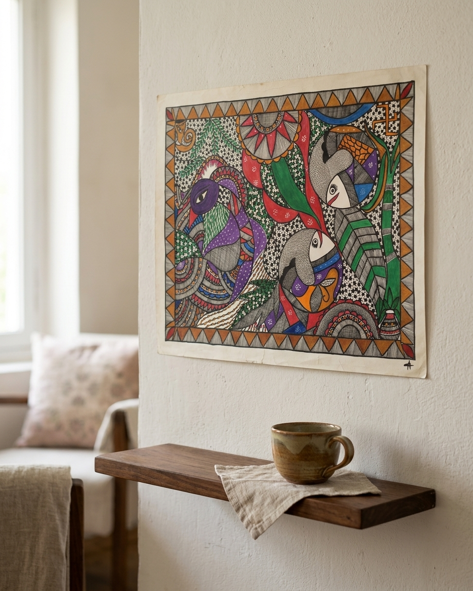 Fish and Peacock Madhubani Painting Handmade Paper Wall Art Without Frame