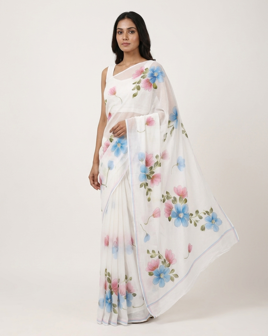 White Floral Handmade Madhubani Painting Saree with Blouse