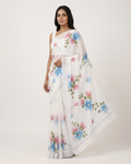 White Floral Handmade Madhubani Painting Saree with Blouse